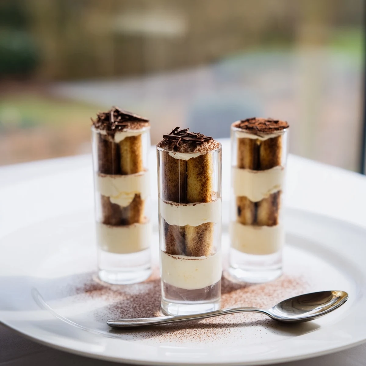Close-up of decadent Count-down Tiramisu Shots, dusted with cocoa and perfect for a special gathering.