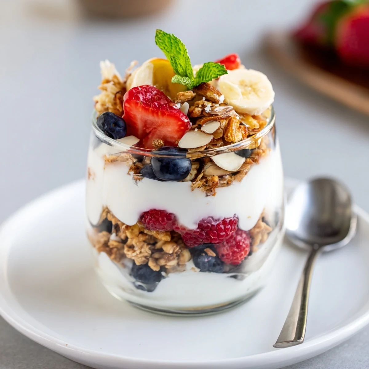 Yogurt and granola parfait glasses layered with fresh berries, offering a vibrant, flavorful breakfast experience.