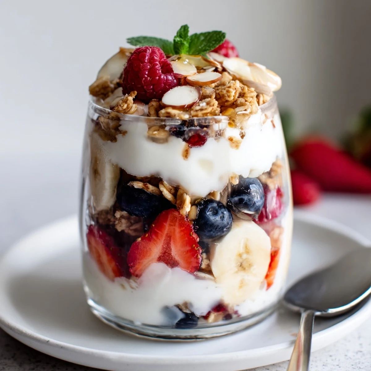 See a close-up of beautifully crafted yogurt and granola parfait glasses, a healthy breakfast overflowing with color.
