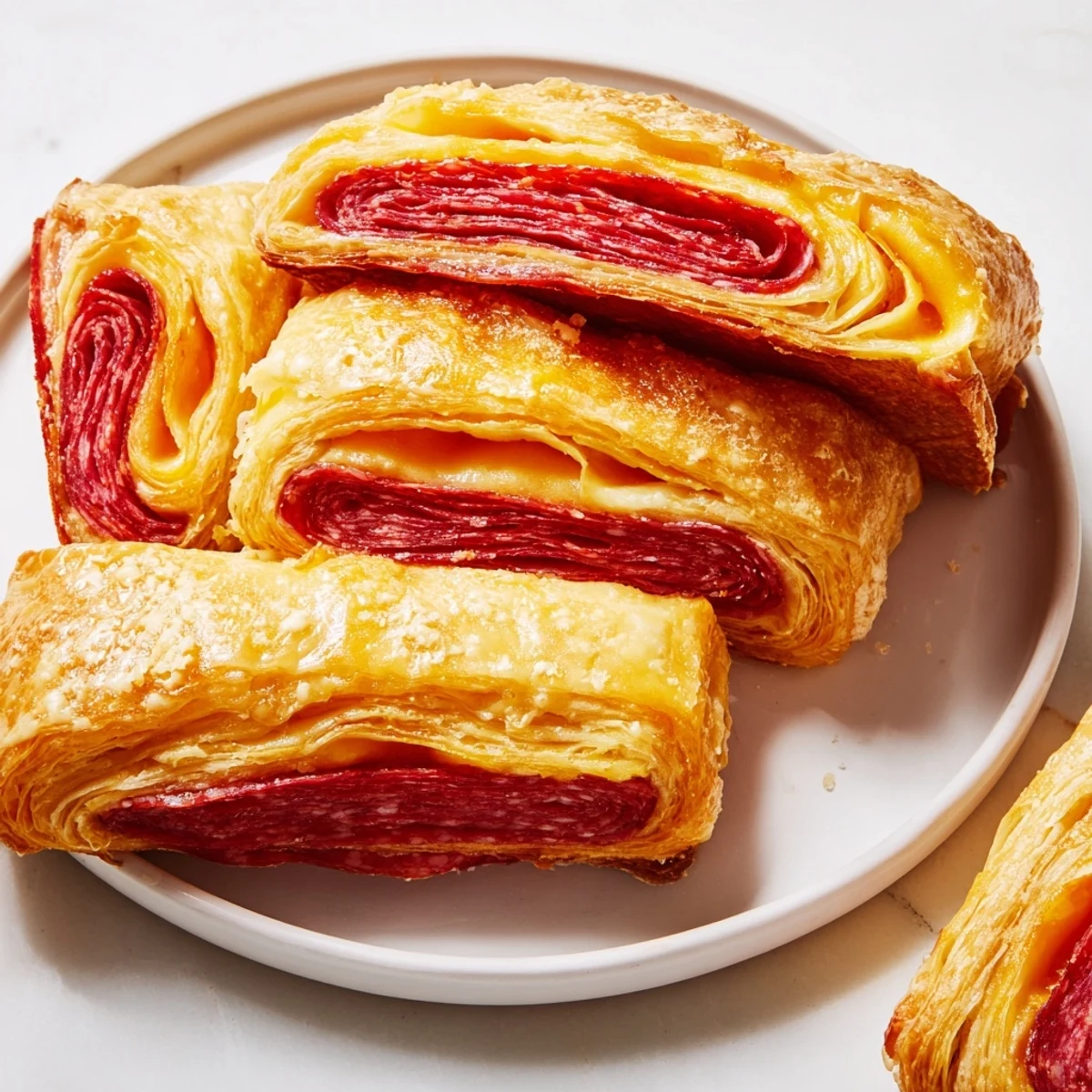 Golden, flaky Sliced Cheddar and Salami Scrolls, smelling of warm cheese and savory meat.