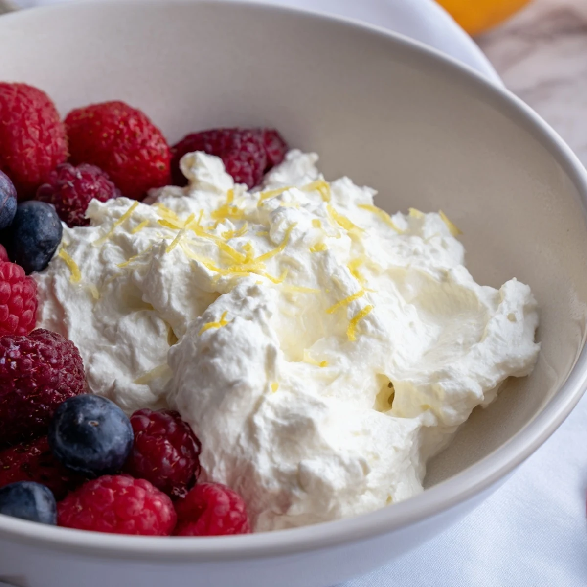 Fluffy Cream Cheese Fruit Dip surrounded by vibrant, fresh berries, a delightful snack or dessert.