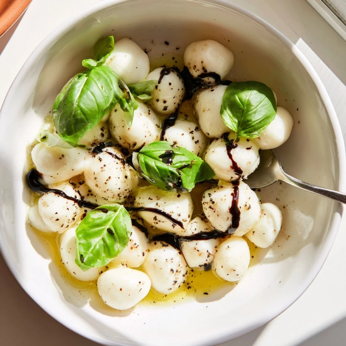 Fresh and creamy mozzarella pearls, beautifully seasoned, perfect for a simple Italian appetizer.