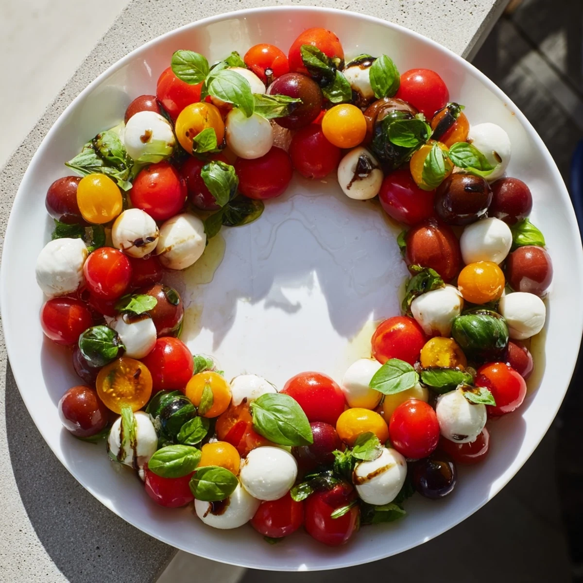 Fresh Appetizer Wreath showcasing bright red cherry tomatoes, mozzarella, and basil, ready to serve.