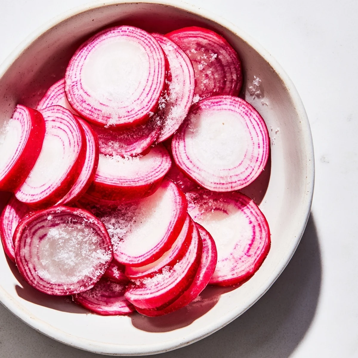 Crisp red radish slices sprinkled with sea salt, a refreshing, simple snack pictured close-up.