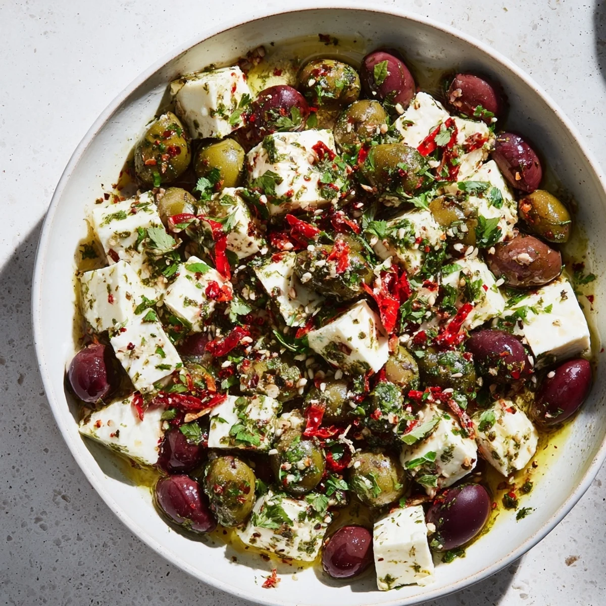Holiday Mix: Mixed Olives with Feta Cubes, glistening with olive oil and fresh parsley garnish.