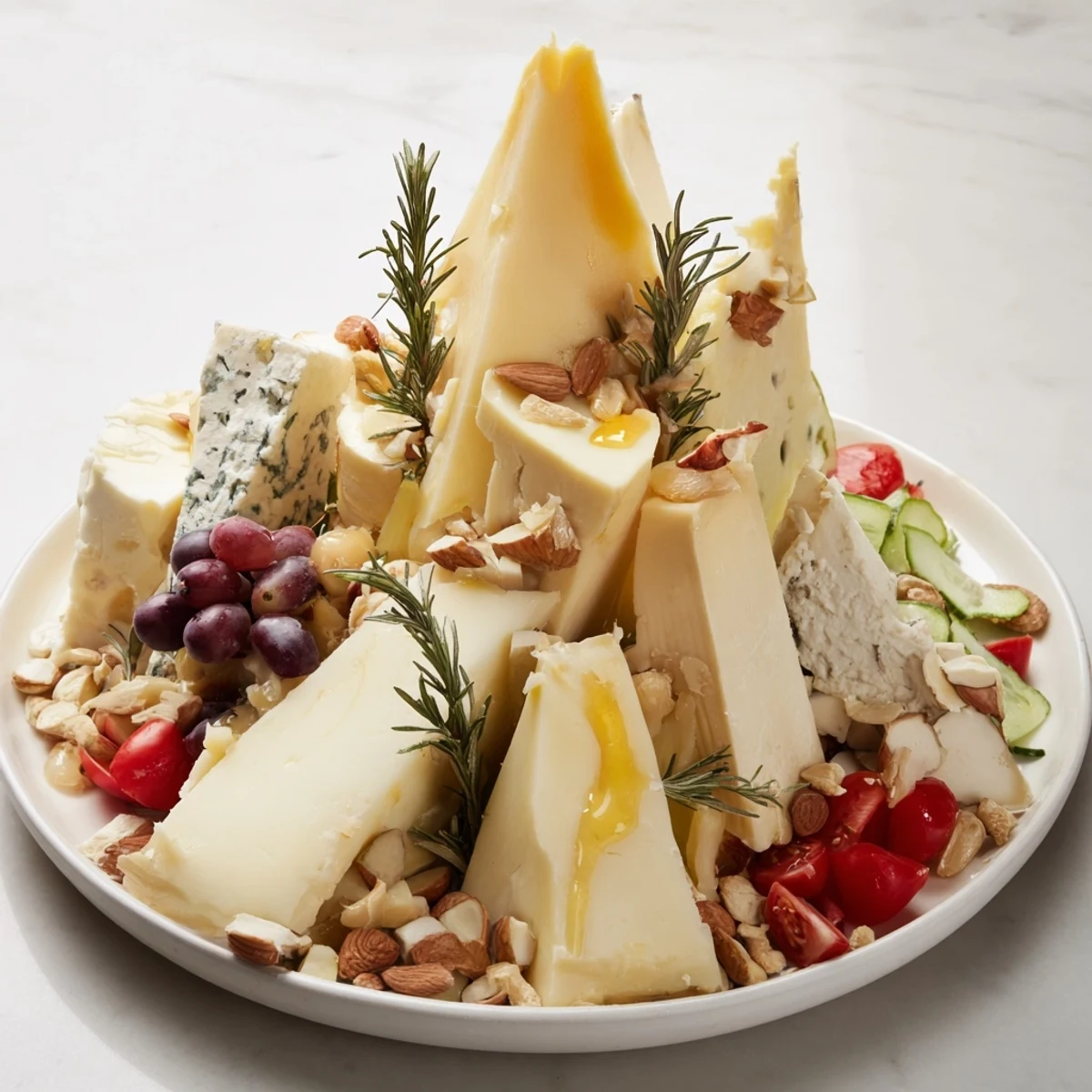 Sculptural Cheese Landscape featuring rugged cheese mountains with colorful fruits and nuts alongside.