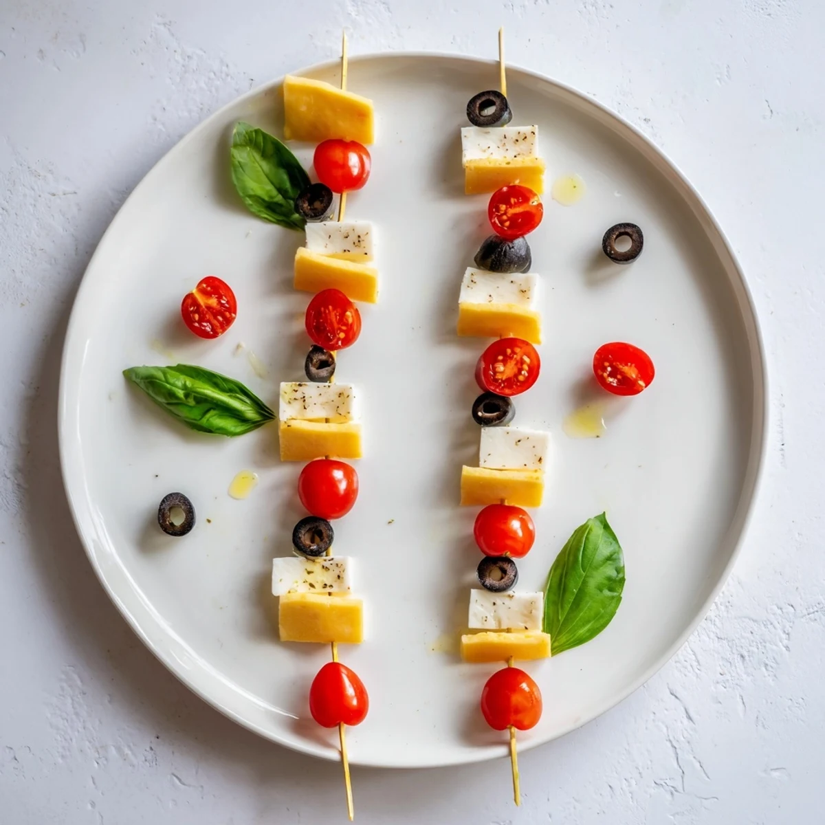 Double Helix Genetic Code appetizer with vibrant red tomatoes and black olives arranged artistically.