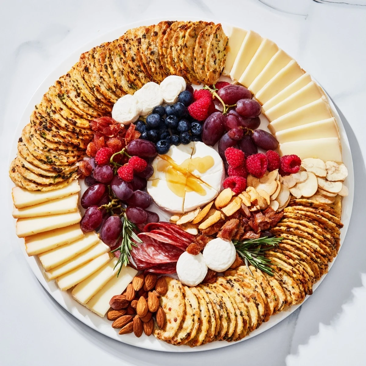 A visually appealing Ouroboros Circle appetizer platter with crackers, cheeses, and grapes arranged.