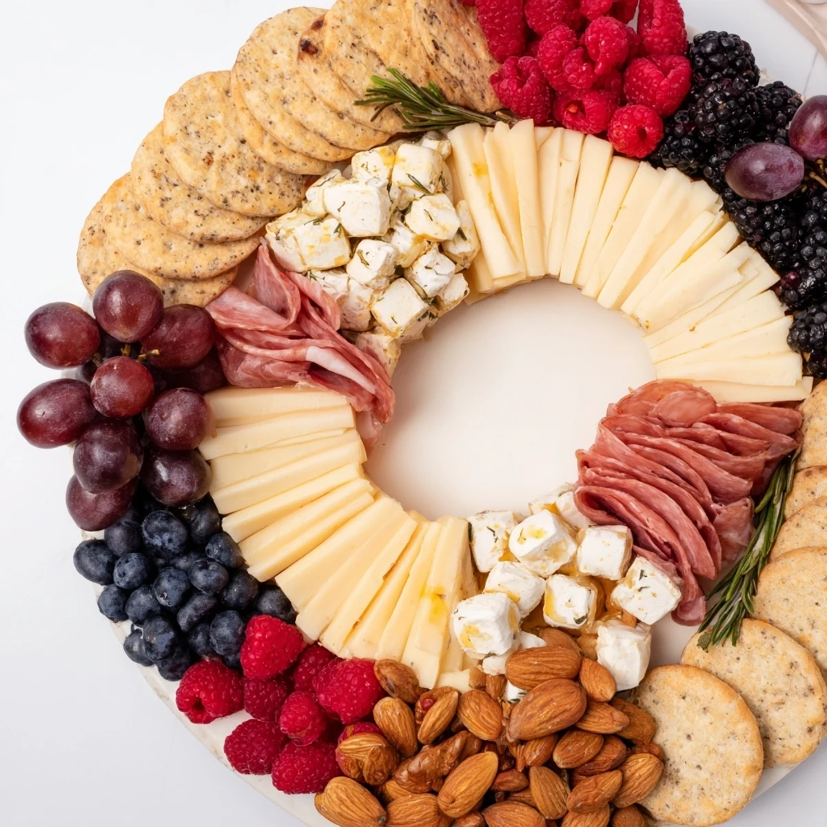 Beautiful Ouroboros Circle: a vegetarian appetizer with goat cheese and berries, ready to serve and share.