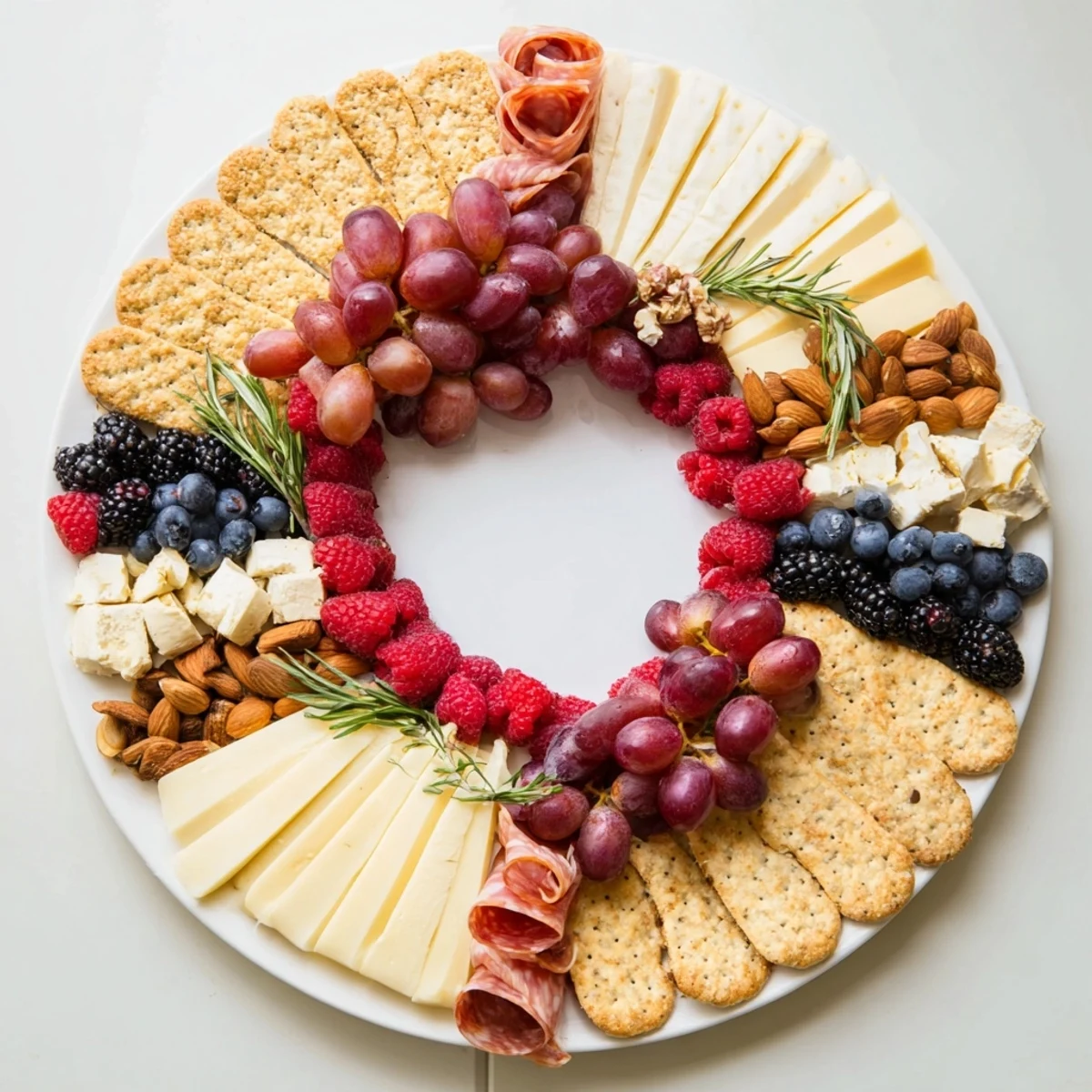 The Ouroboros Circle: a festive party platter featuring brie, prosciutto, and fresh fruit in a ring.