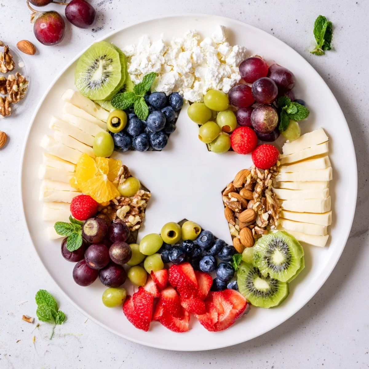 Appetizing The Negative Space Puzzle platter showcasing fruit and cheese forming a star shape with vibrant colors.