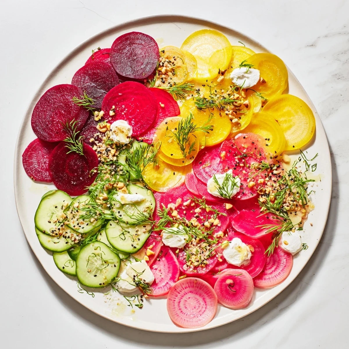 The Kinetic Motion Blur appetizer displays colorful sliced veggies and creamy goat cheese beautifully.