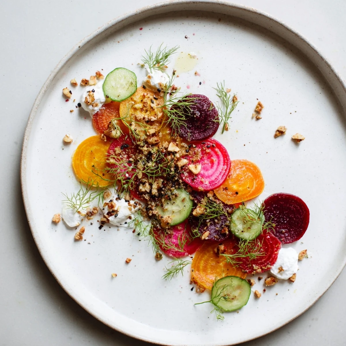 A close-up of the elegant Kinetic Motion Blur appetizer with scattered microgreens and dill garnish.