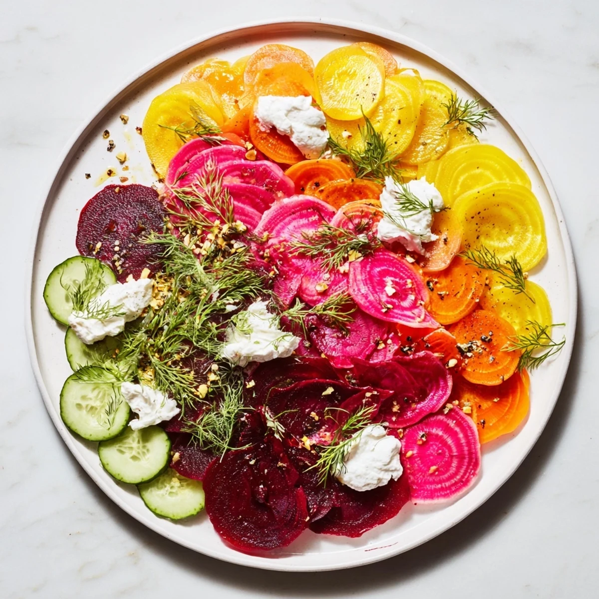 Vibrant arrangement: A modern Kinetic Motion Blur with goat cheese, nuts, and fresh herbs on a platter.