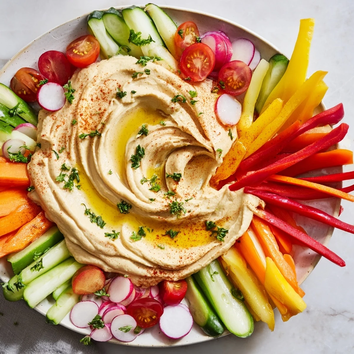 A colorful River Delta Flow appetizer with fresh vegetables merging into a creamy hummus river.