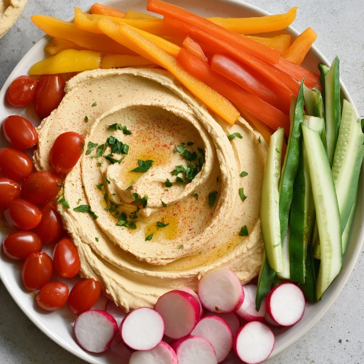 Beautifully arranged River Delta Flow, a Mediterranean appetizer bursting with vibrant, fresh veggie flavors.