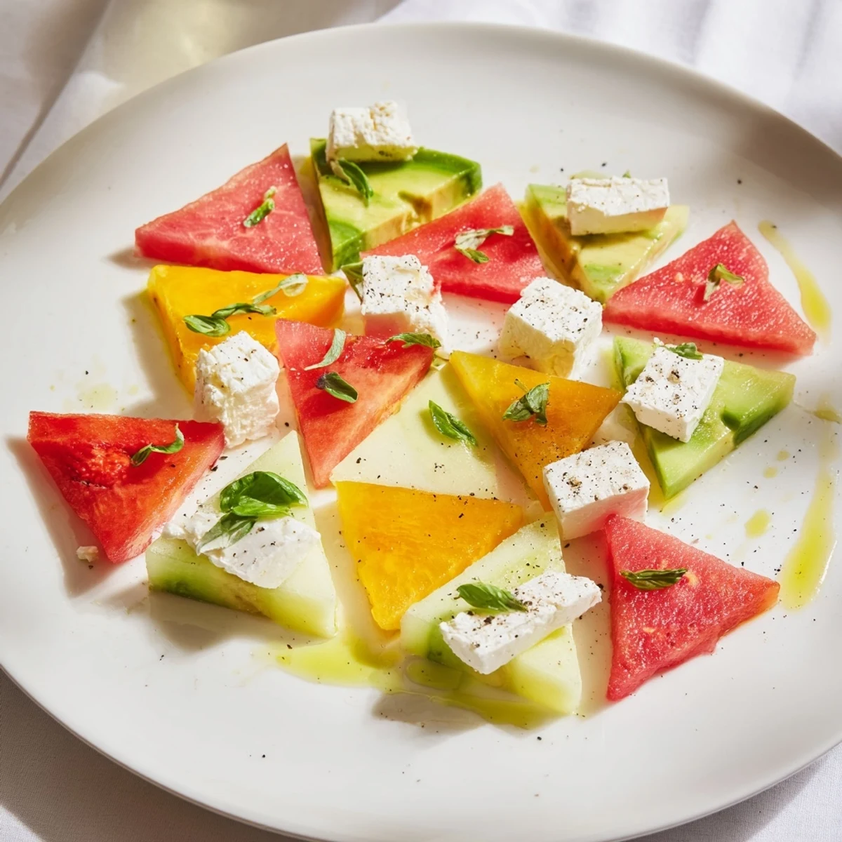 Cubist Deconstruction appetizer, colorful geometric shapes of fresh produce artfully arranged on a platter.