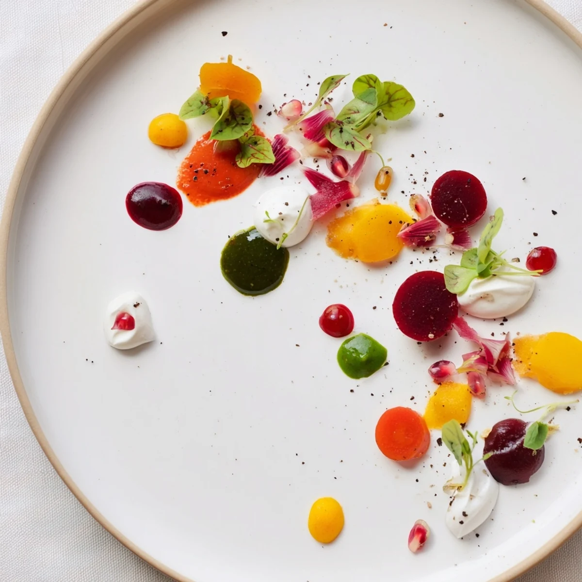 A vibrant plate of Pointillism Dot Matrix with colorful vegetable purees and delicate garnishes.