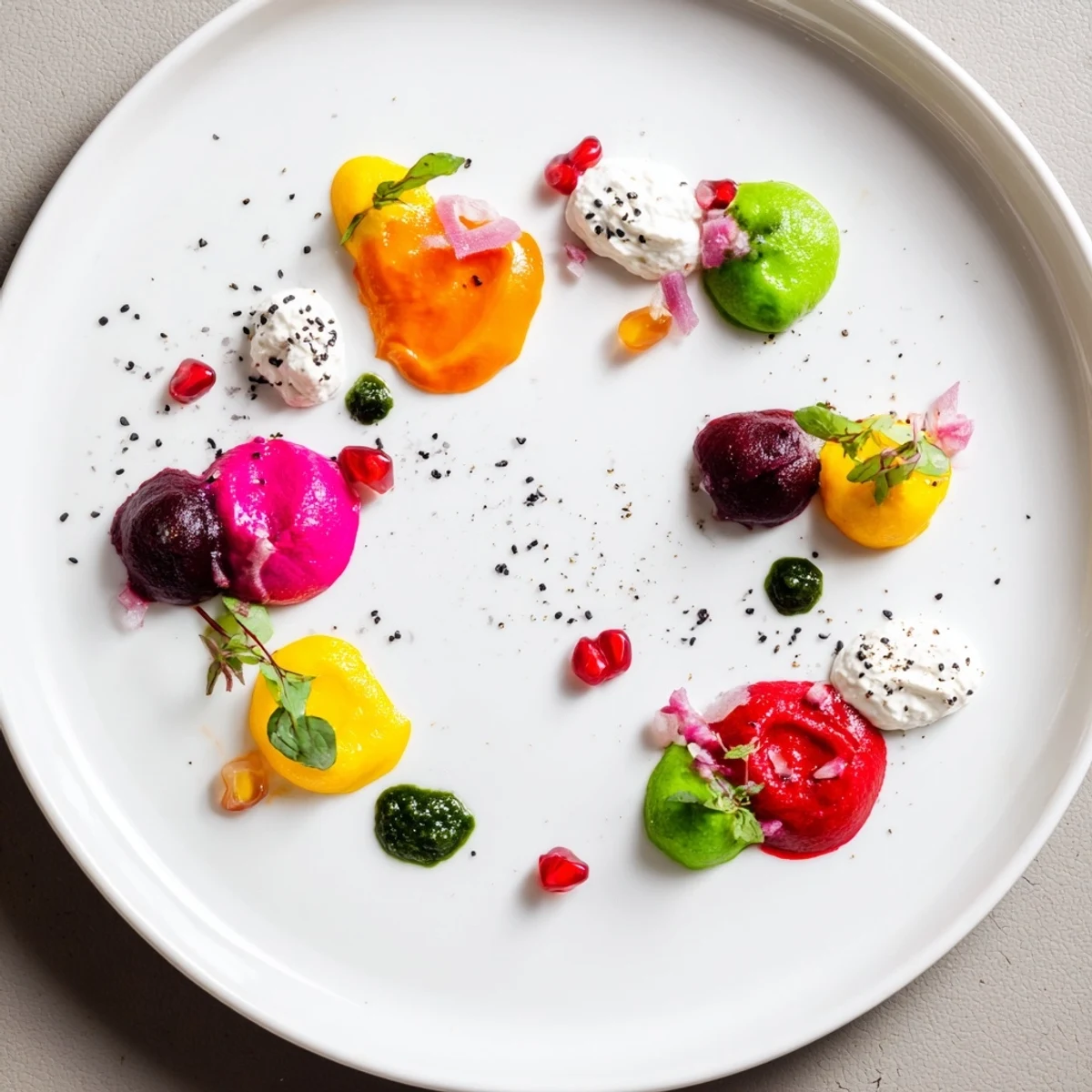 Artful Pointillism Dot Matrix appetizer featuring dots of red beet, pesto sauce, and microgreens for serving.