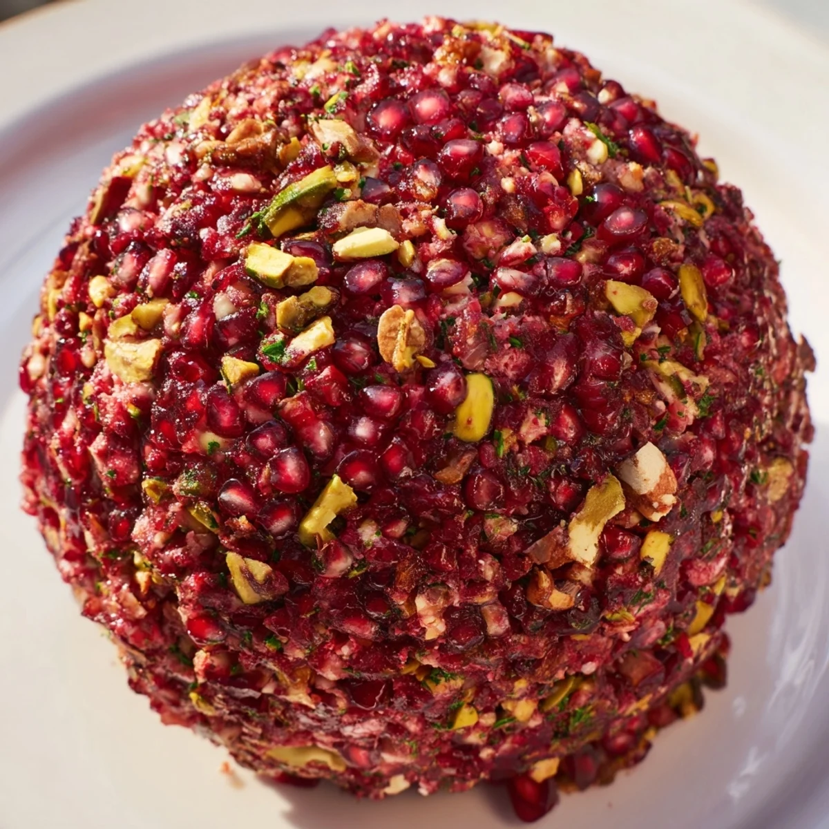 A beautifully festive Royal Orb cheese ball, covered in bright pomegranate seeds and pistachios.