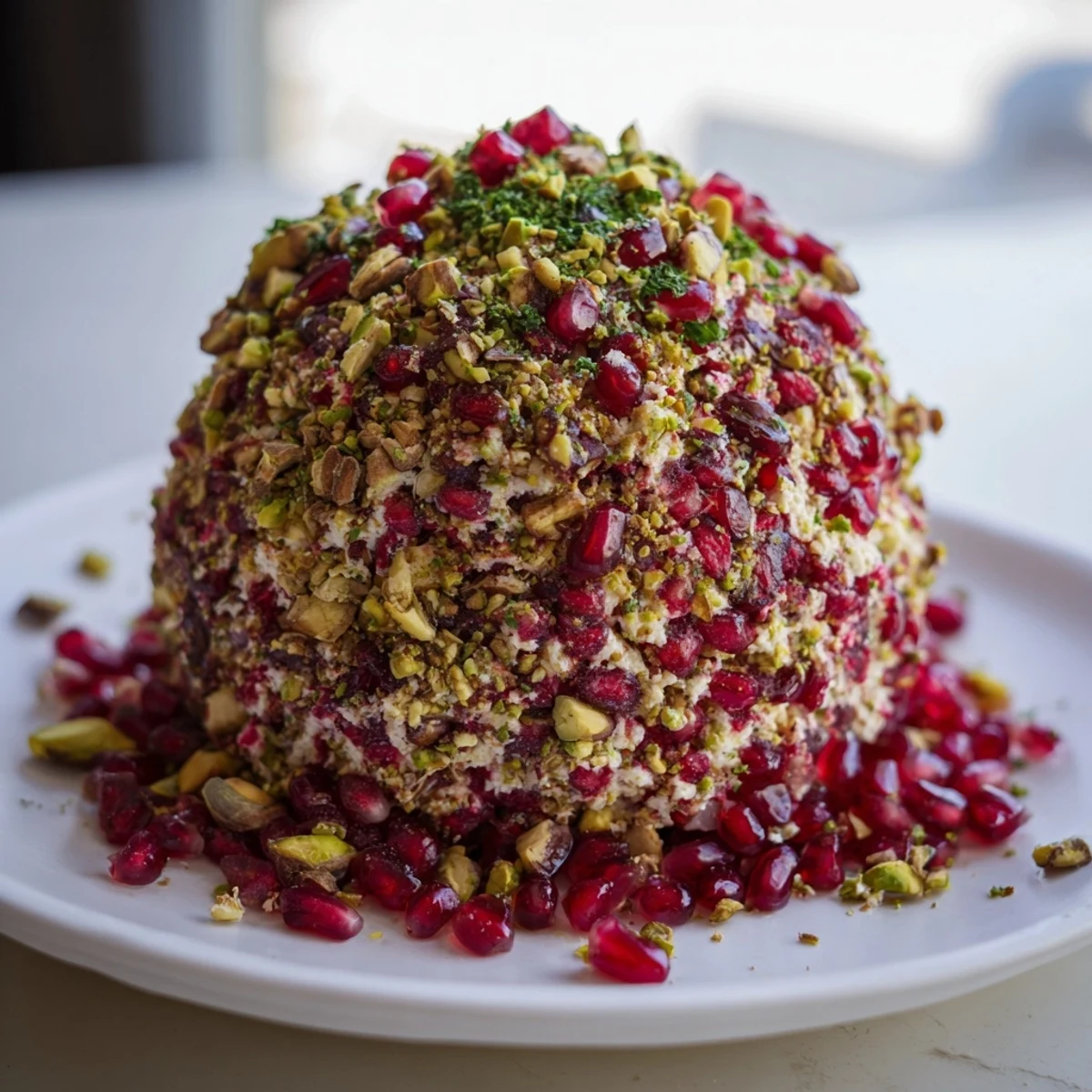 Glistening pomegranate seeds adorn this savory Royal Orb cheese ball appetizer, perfect for holiday entertaining.