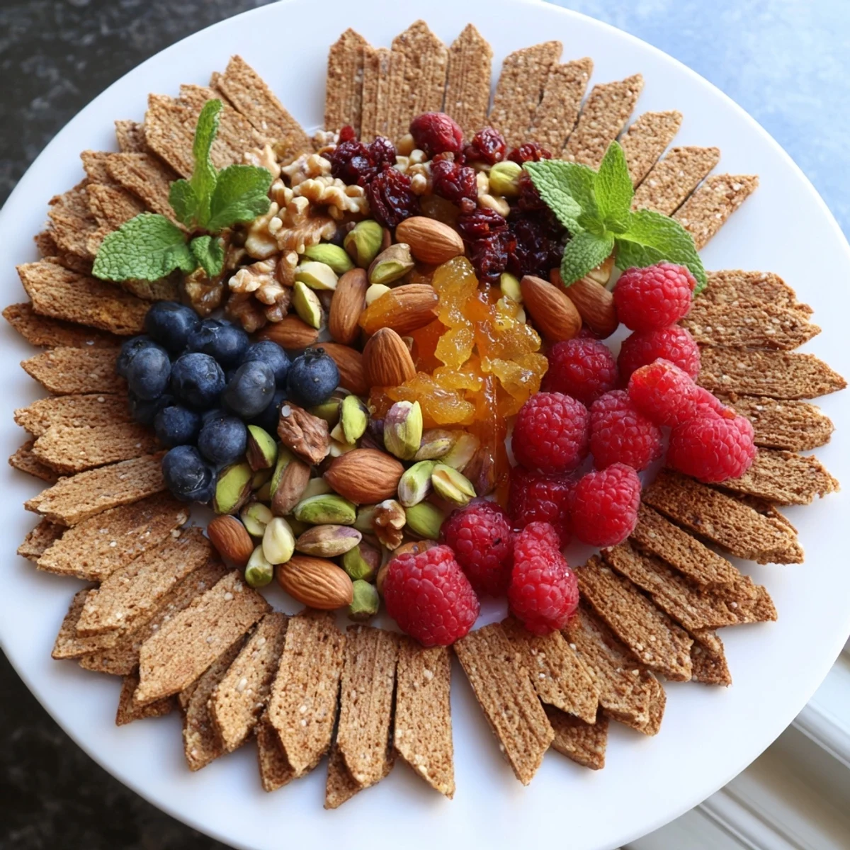 Crisp crackers form a picket fence around a colorful mix in "The Picket Fence" snack platter.