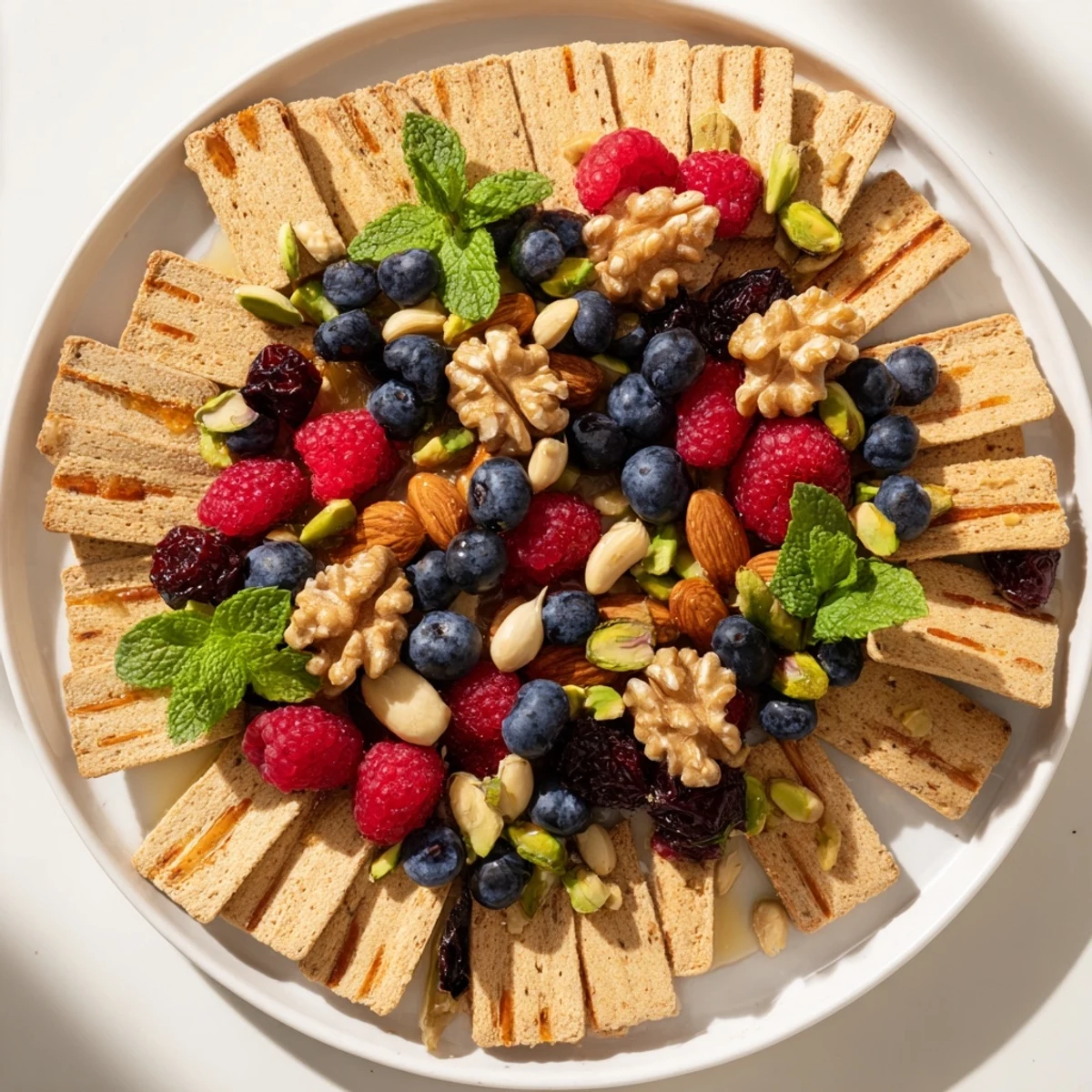 "The Picket Fence" features a beautiful platter of nuts and berries with a cracker border, ready to share.