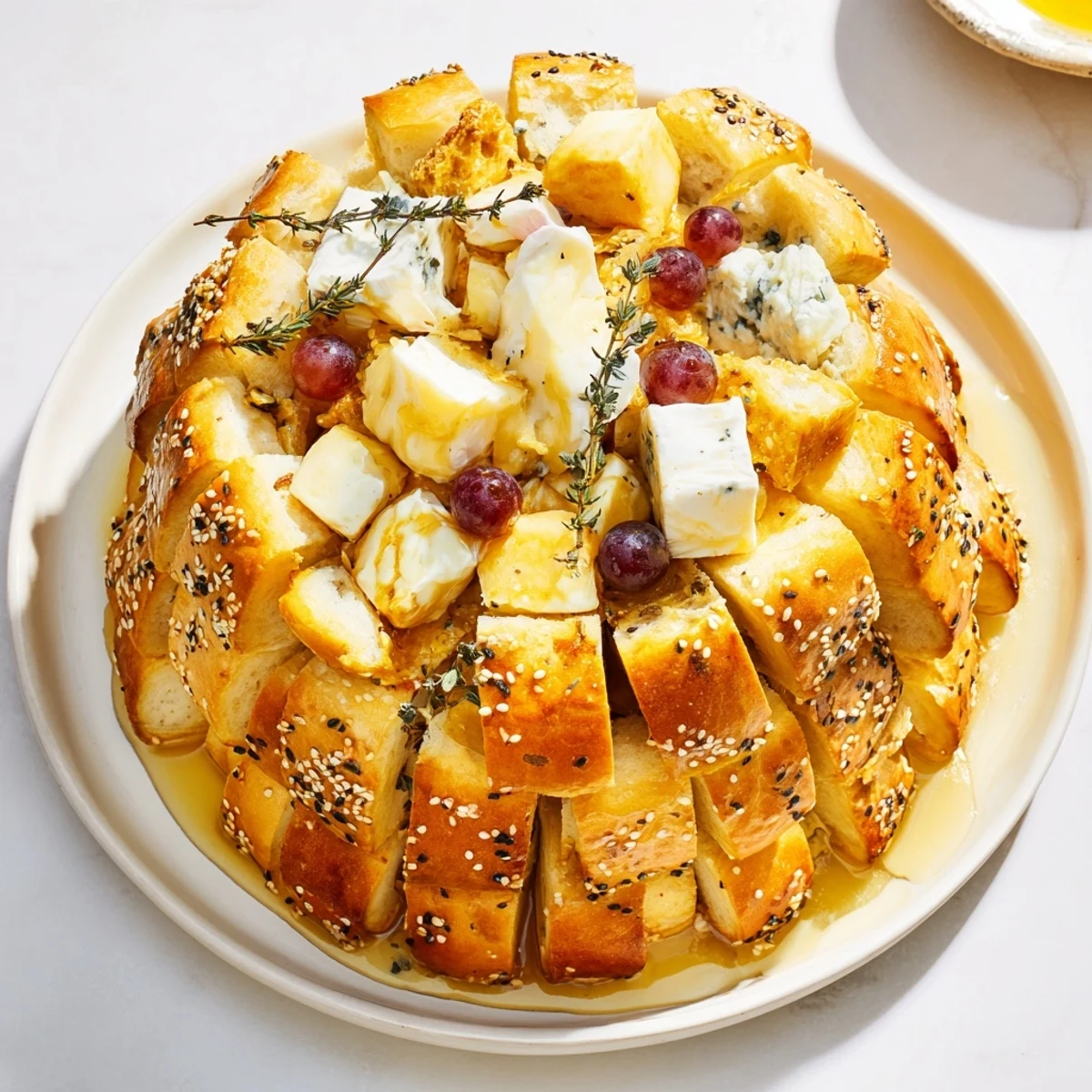 This appetizing photo displays the finished "Gilded Cage," a savory breadstick dome over an array of cheese.