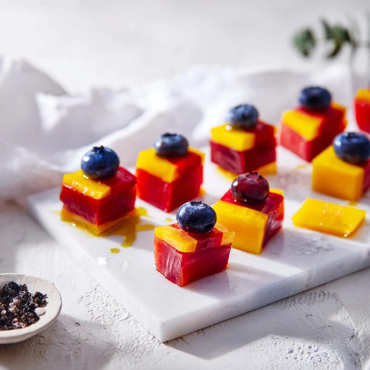 A close-up of The Bauhaus Block appetizer presents colorful, geometric squares and circles, ideal for serving guests.