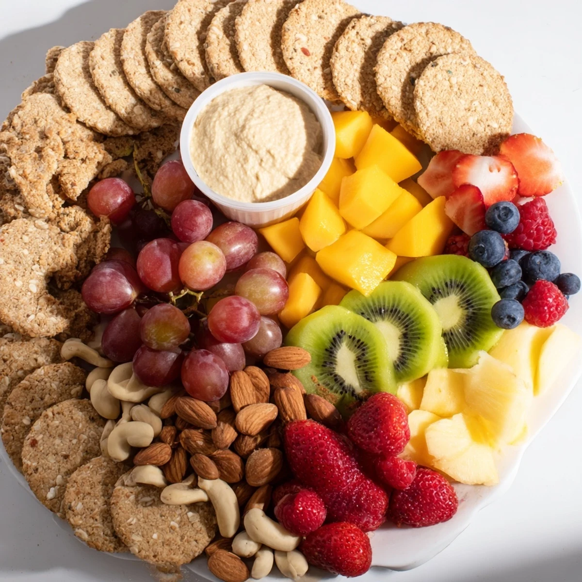 Hidden Oasis appetizer: a vibrant fruit platter with crackers, nuts, and creamy dips, ready to serve.