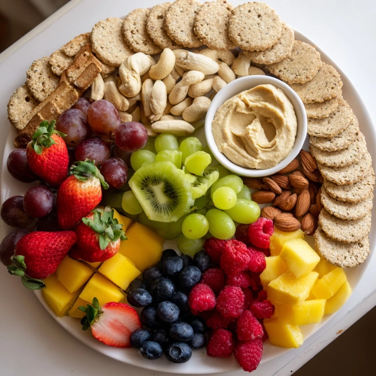 Fresh berries and kiwi alongside hummus and yogurt create an attractive Hidden Oasis appetizer arrangement.
