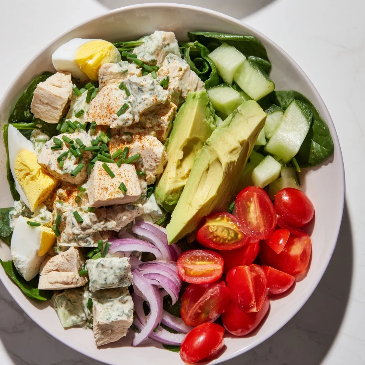 High-Protein Chicken and Egg Salad, a vibrant salad with creamy eggs and tender chicken.