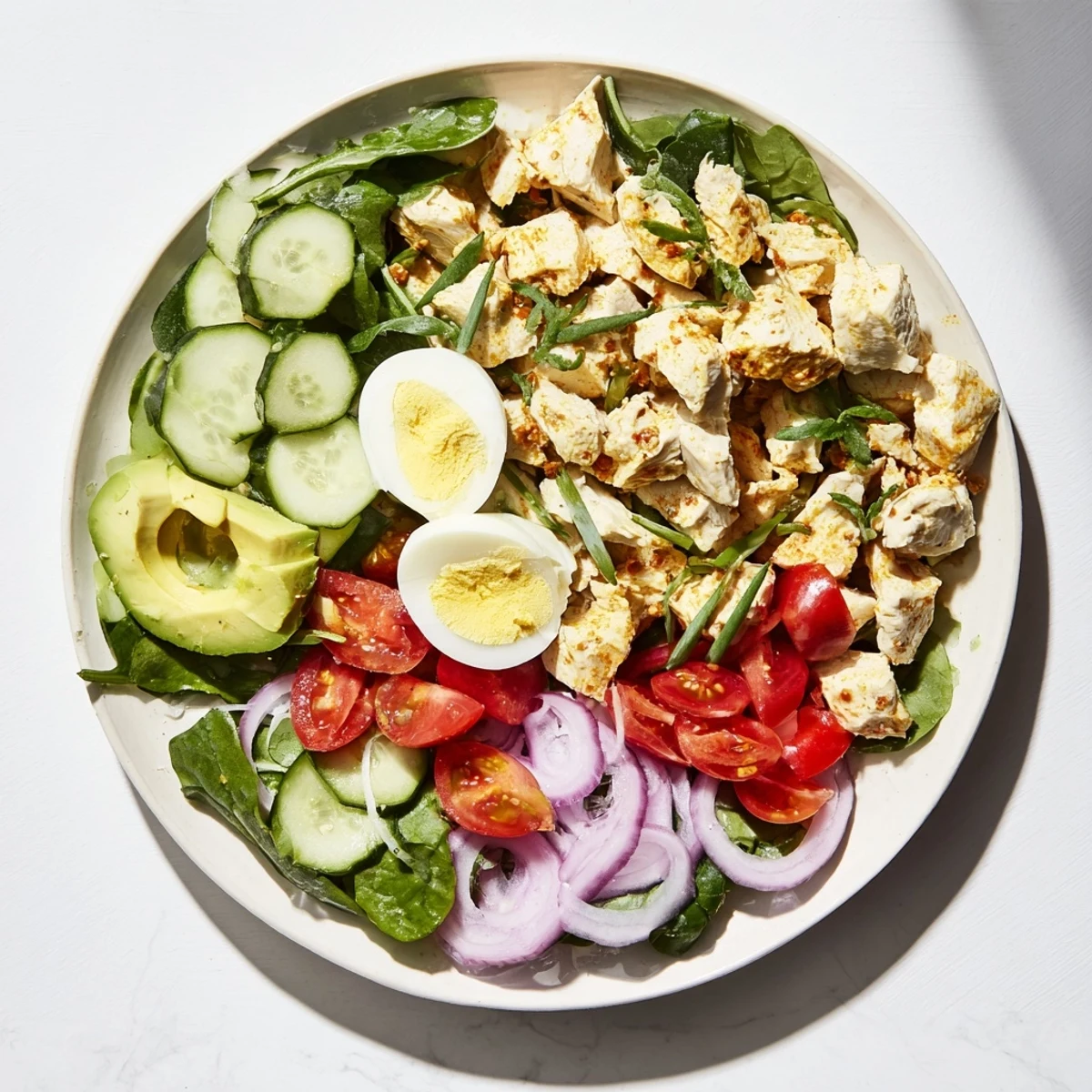 Enjoy a bowl of refreshing High-Protein Chicken and Egg Salad, perfect for a healthy lunch.