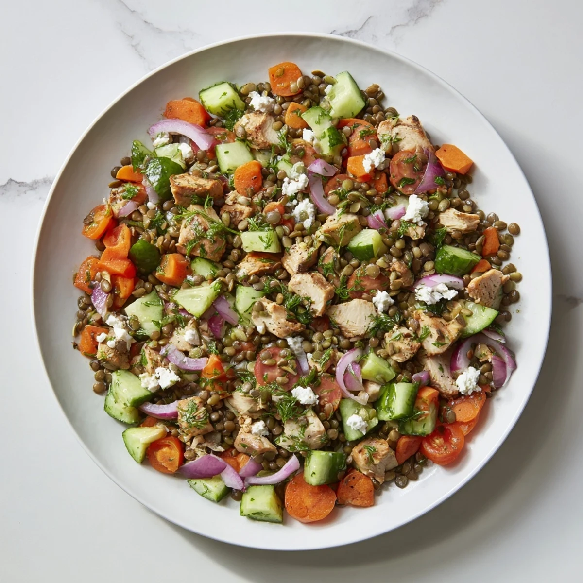A vibrant bowl of Chicken and Lentil Salad showcasing fresh ingredients and a zesty dressing.