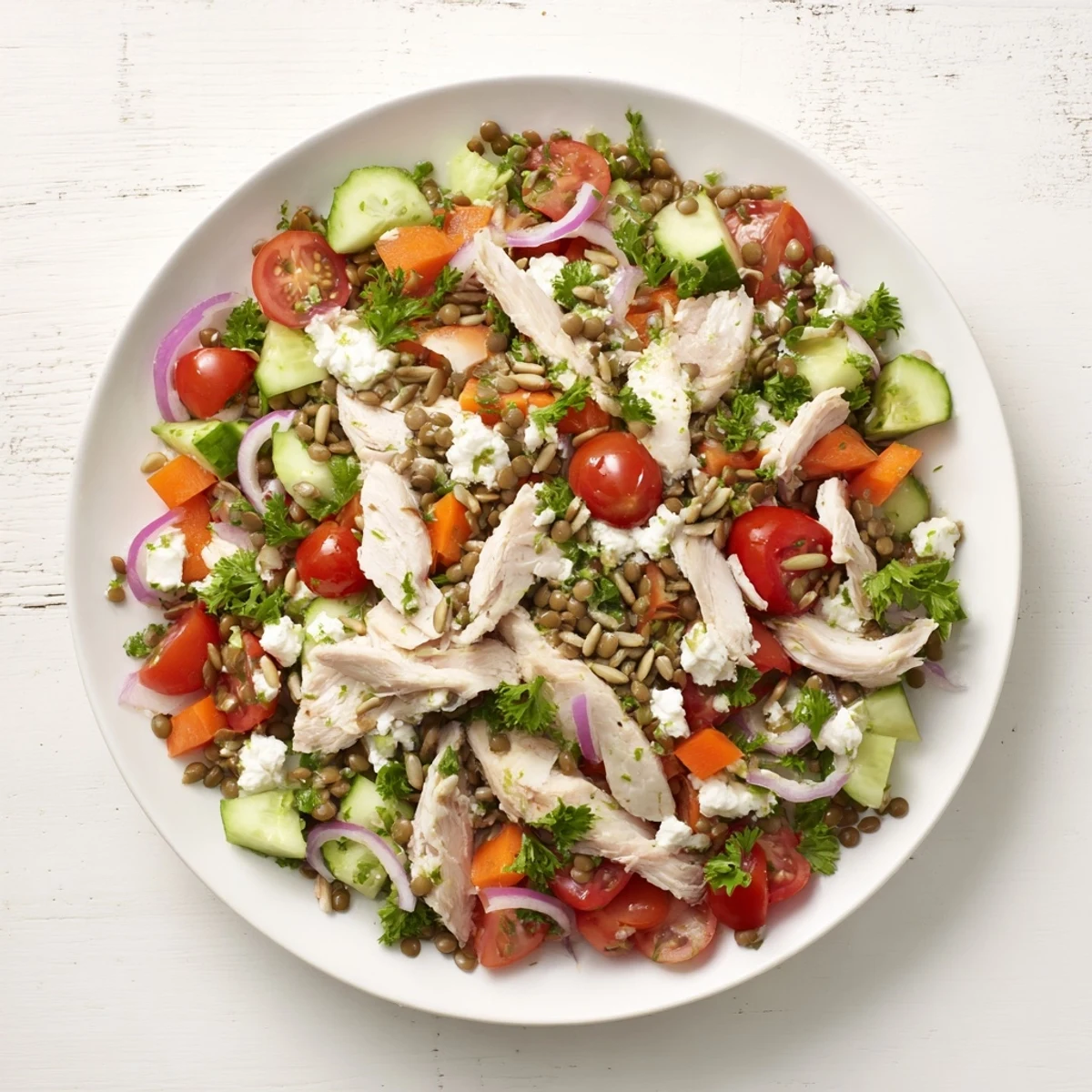 Cool, refreshing Chicken and Lentil Salad; perfect for a quick, nutritious lunch or light dinner.