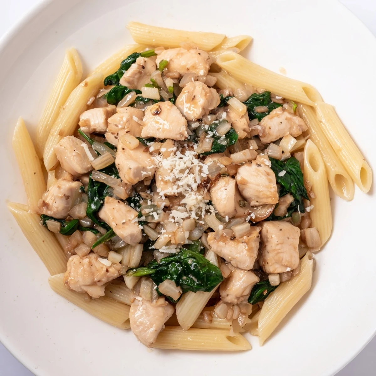 Steaming bowl of one-pot spinach and chicken pasta, garnished and ready to serve, a flavorful meal.