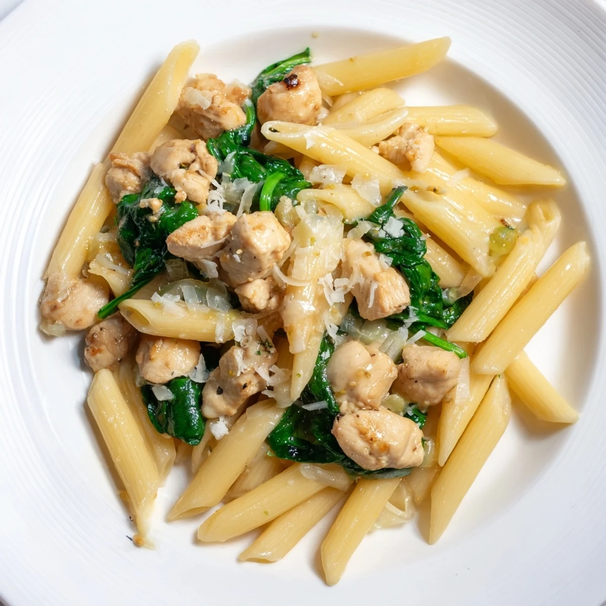 Close-up of the finished one-pot spinach and chicken pasta with visible spinach and perfectly cooked pasta.