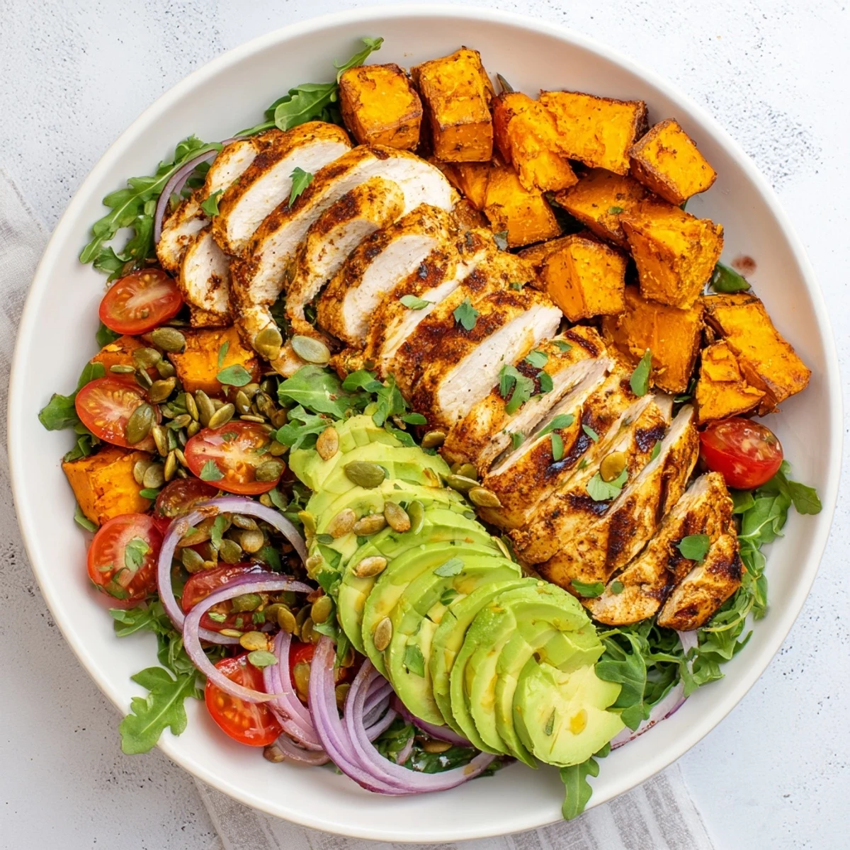 Avocado and Sweet Potato Chicken Bowl featuring grilled chicken, roasted sweet potatoes, and creamy avocado, ready to eat.