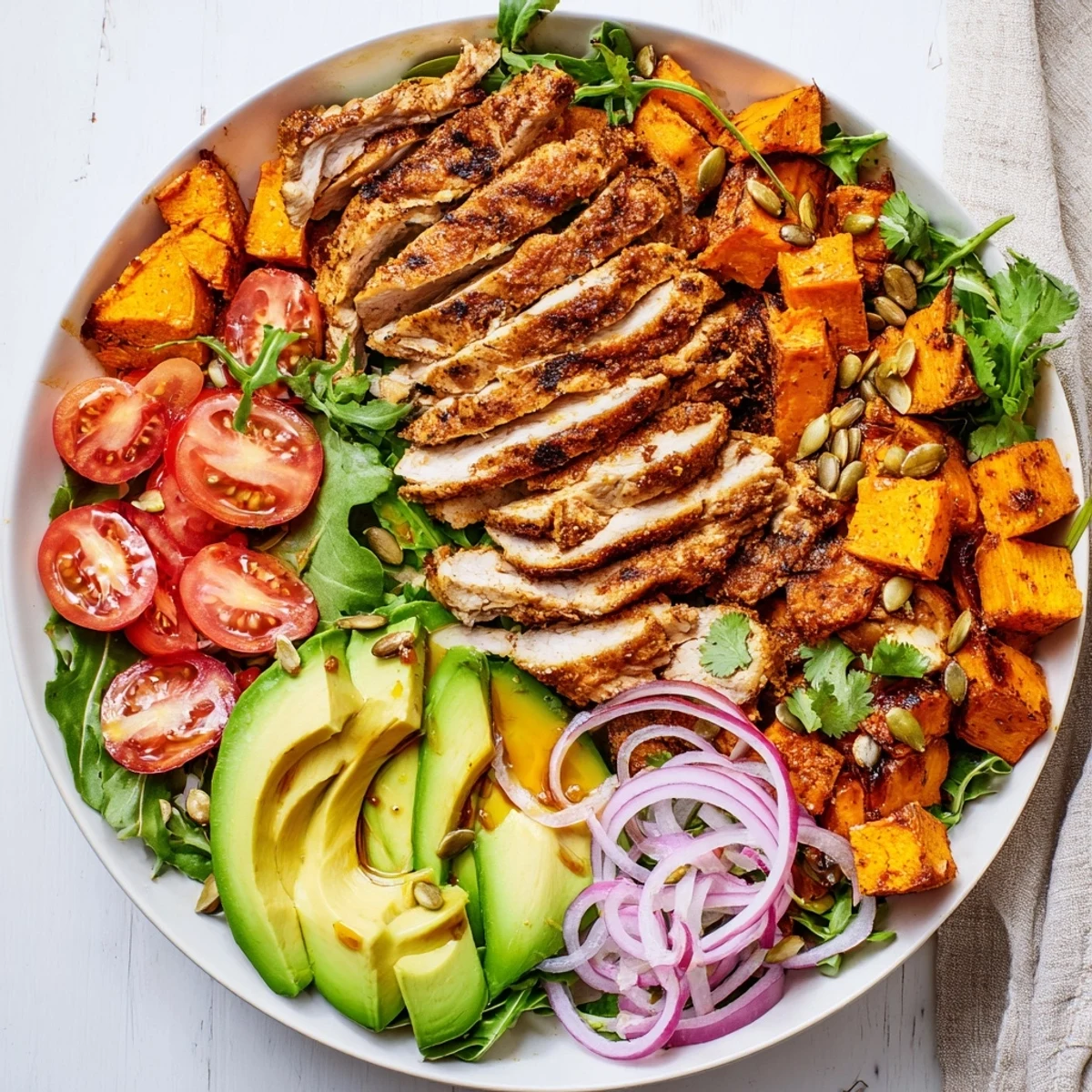 This Avocado and Sweet Potato Chicken Bowl showcases a healthy meal, including juicy chicken atop fresh ingredients, perfect for dinner.