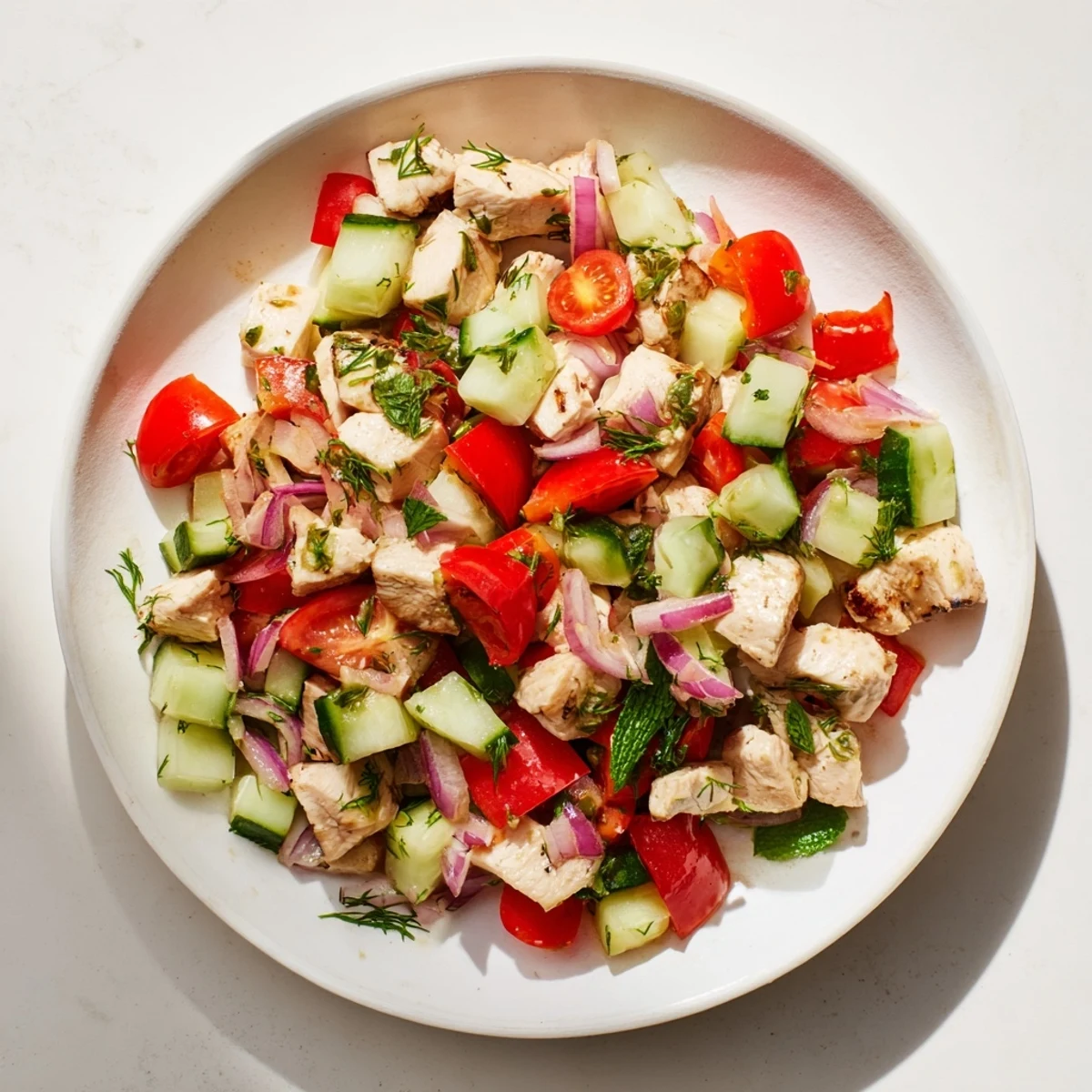 Cucumber and Chicken Clean Shaker salad, a vibrant mix of chicken and cucumber, ready to serve with fresh herbs.