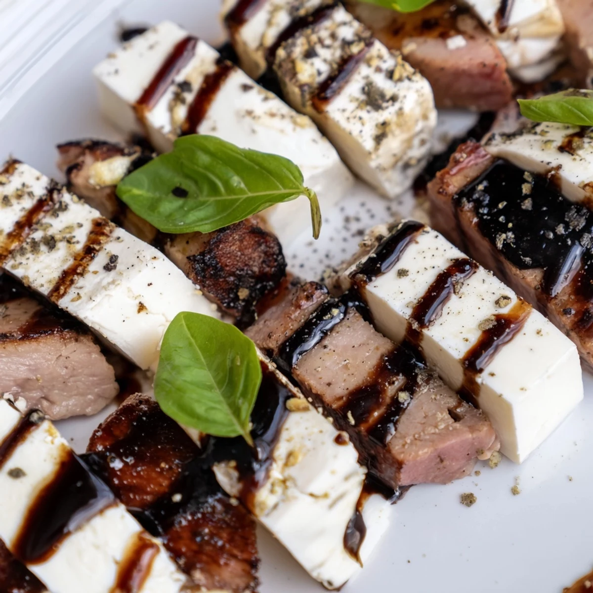 Safari Stripes appetizer with alternating layers of meat, cheese, and a sweet balsamic glaze.
