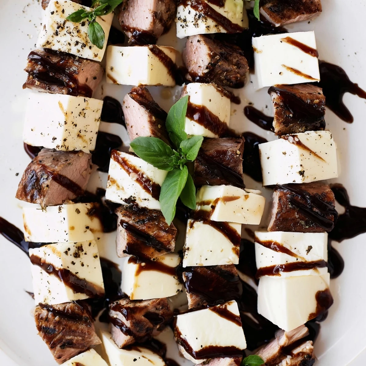 Savory Safari Stripes appetizer showcasing tender beef and chicken with fresh mozzarella and feta.