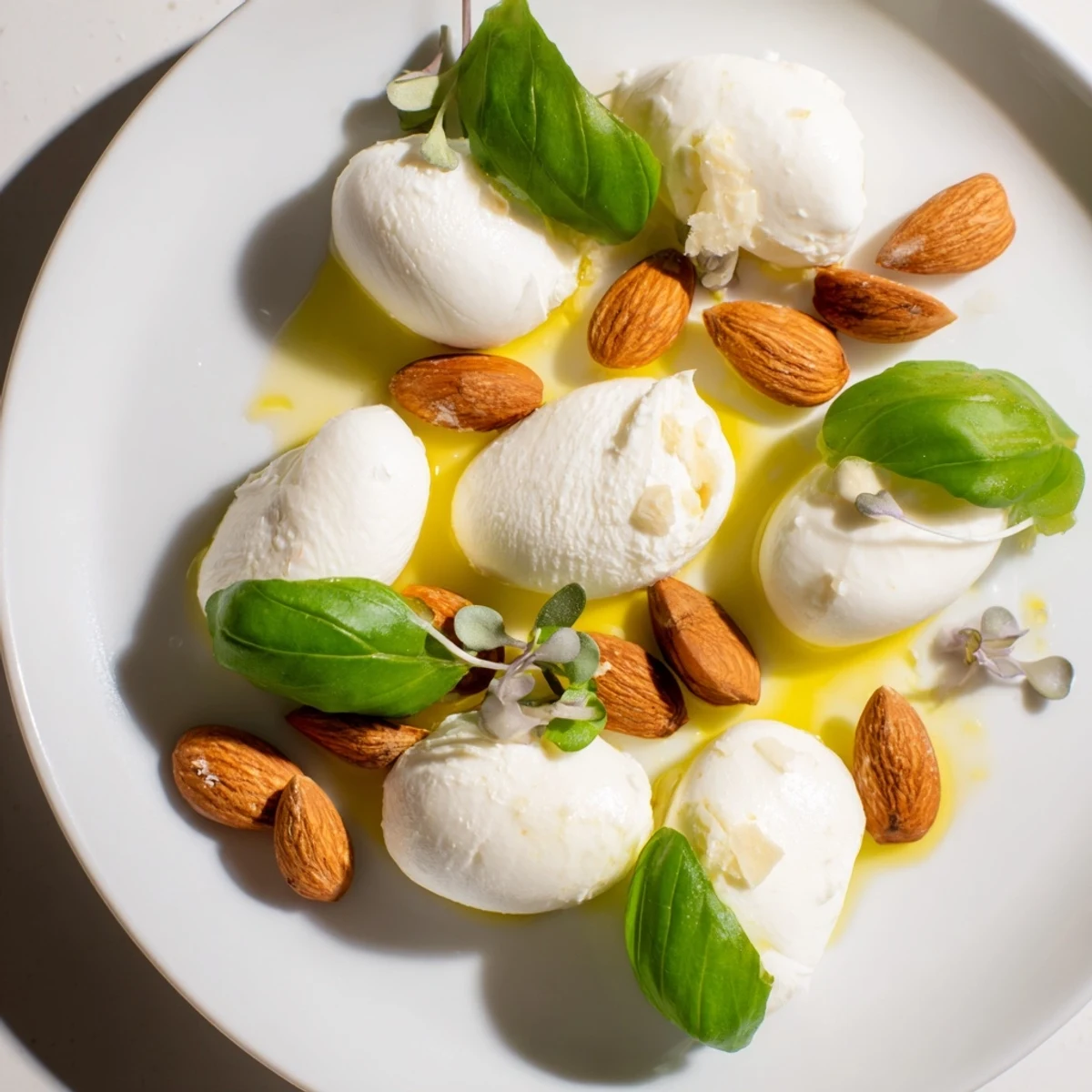 The Polished Pebble appetizer beautifully showcases creamy cheeses and toasted almonds arranged like a stream.