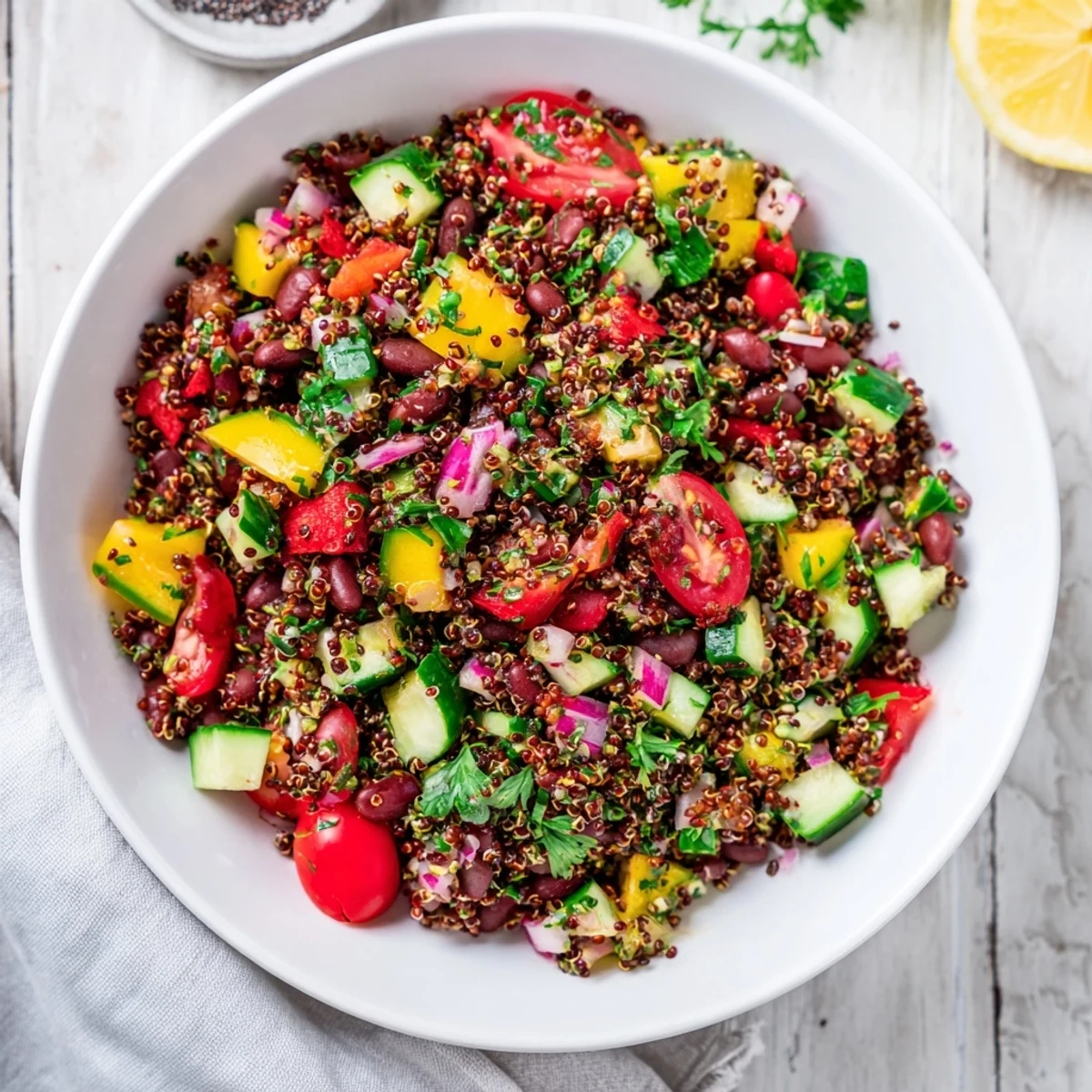 A vibrant bowl of the dense bean salad, featuring colorful vegetables and crunchy seeds.