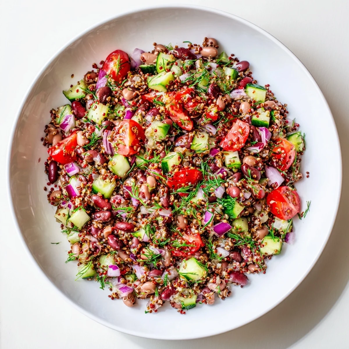Tender chickpeas, kidney beans make a tasty dense bean salad topped with fresh herbs and dressing.