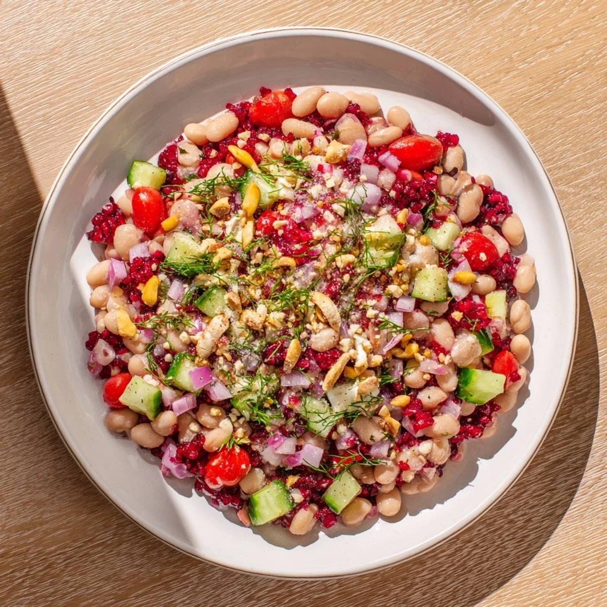 Vibrant Dense Bean Salad boasts colorful cherry tomatoes with a Sleepy Girl Mocktail dressing.