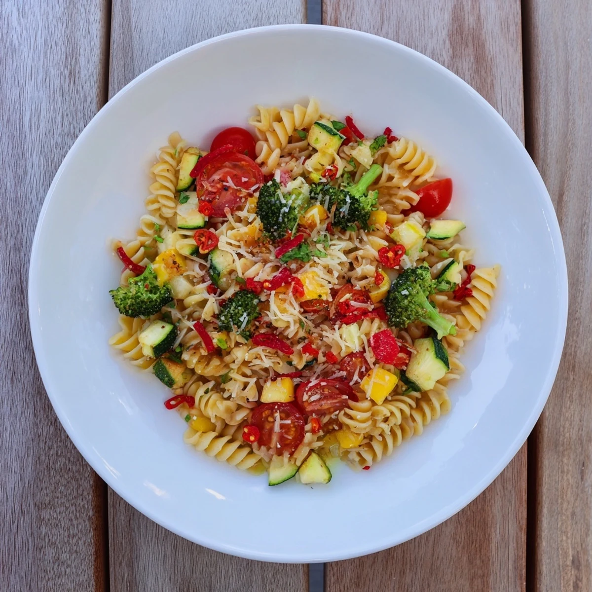 A flavorful plate of ditalini with air-fried vegetables, glistening with olive oil and parmesan cheese.