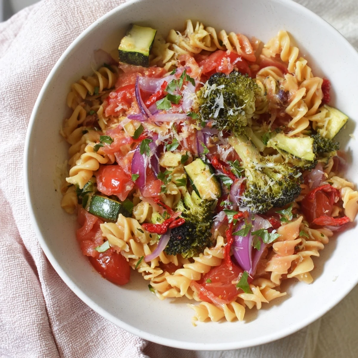 Close-up of air-fried vegetables and ditalini pasta, tossed with fresh herbs, a vegetarian delight.