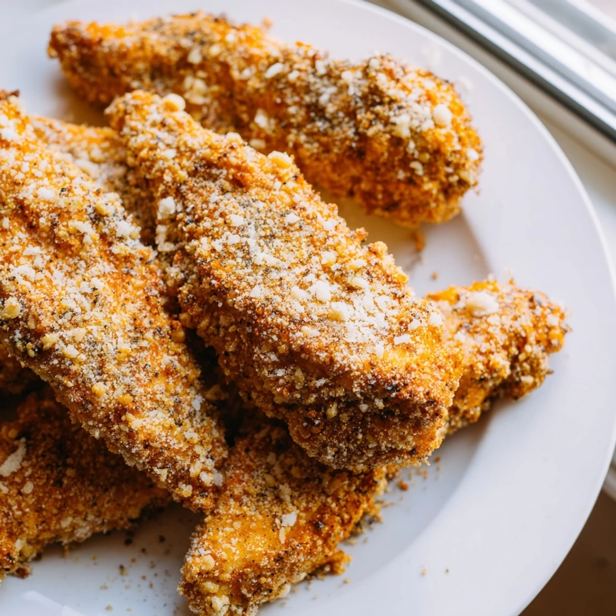 Golden, crispy air-fried chicken tenders served temptingly with a creamy dipping sauce for dinner.