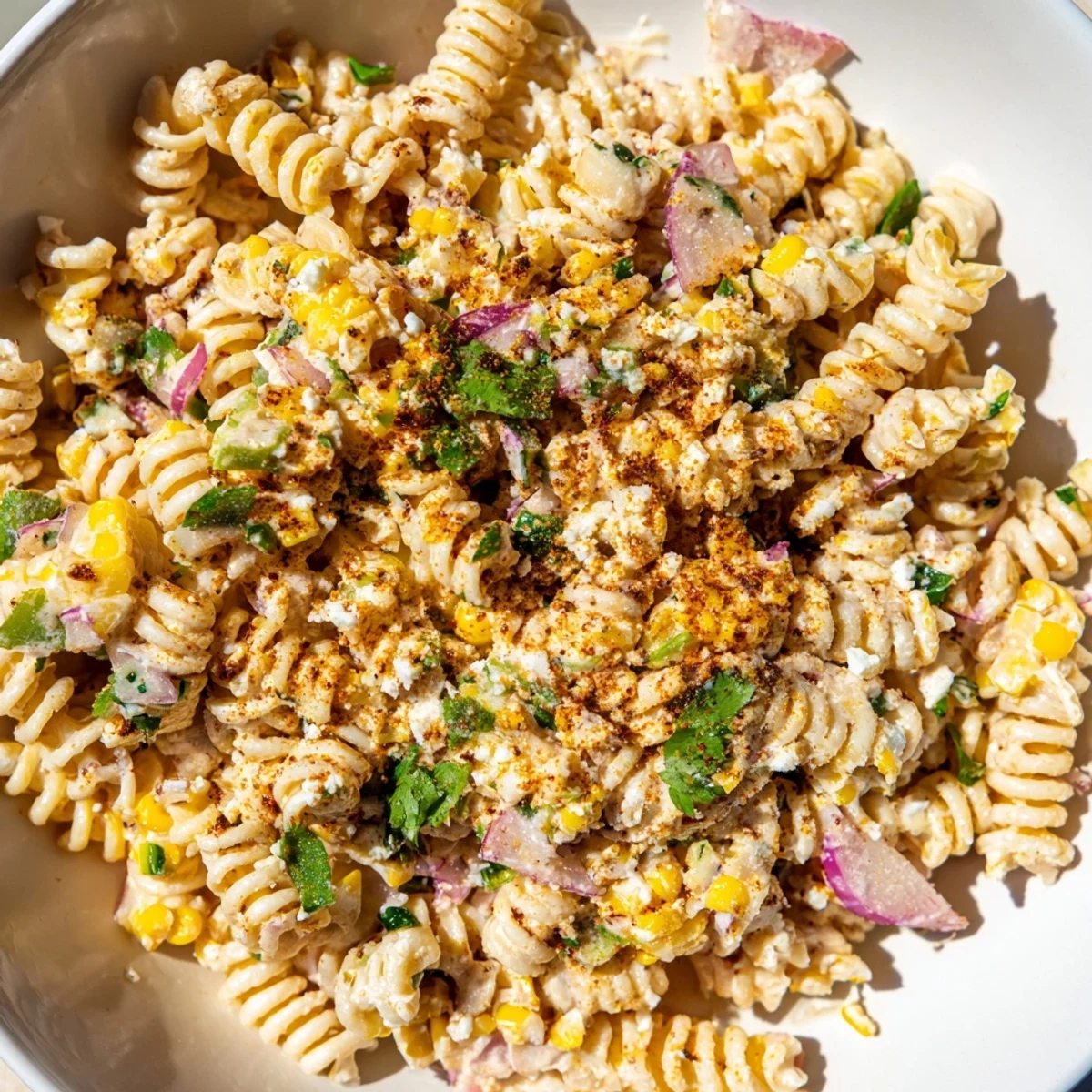 Creamy Street Corn Pasta Salad with charred corn kernels and a sprinkle of cotija cheese is so delicious.